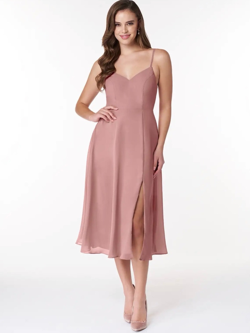 Azazie Clarissa Taupe Bridesmaids Spaghetti-Strap Midi Dress with Side Slit